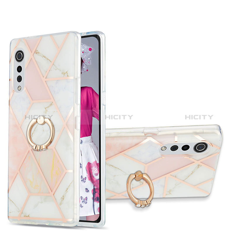 Coque Silicone Motif Fantaisie Souple Couleur Unie Etui Housse avec Support Bague Anneau Y01B pour LG Velvet 4G Rose Plus