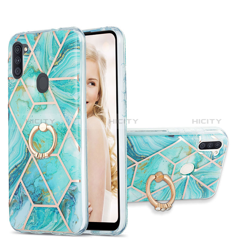 Coque Silicone Motif Fantaisie Souple Couleur Unie Etui Housse avec Support Bague Anneau Y01B pour Samsung Galaxy A11 Vert Plus