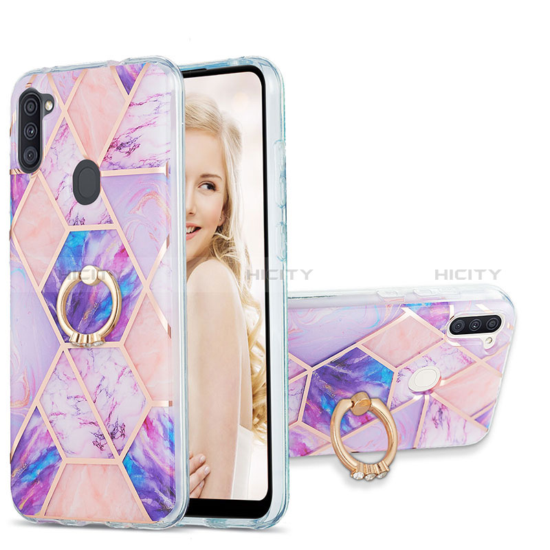 Coque Silicone Motif Fantaisie Souple Couleur Unie Etui Housse avec Support Bague Anneau Y01B pour Samsung Galaxy A11 Violet Clair Plus