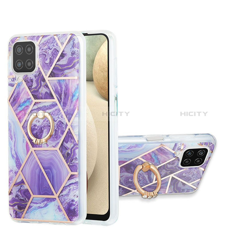 Coque Silicone Motif Fantaisie Souple Couleur Unie Etui Housse avec Support Bague Anneau Y01B pour Samsung Galaxy A12 Violet Plus