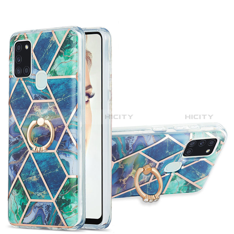 Coque Silicone Motif Fantaisie Souple Couleur Unie Etui Housse avec Support Bague Anneau Y01B pour Samsung Galaxy A21s Vert Nuit Plus