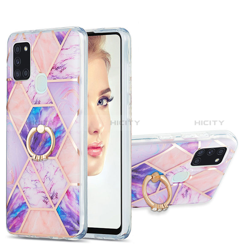 Coque Silicone Motif Fantaisie Souple Couleur Unie Etui Housse avec Support Bague Anneau Y01B pour Samsung Galaxy A21s Violet Clair Plus