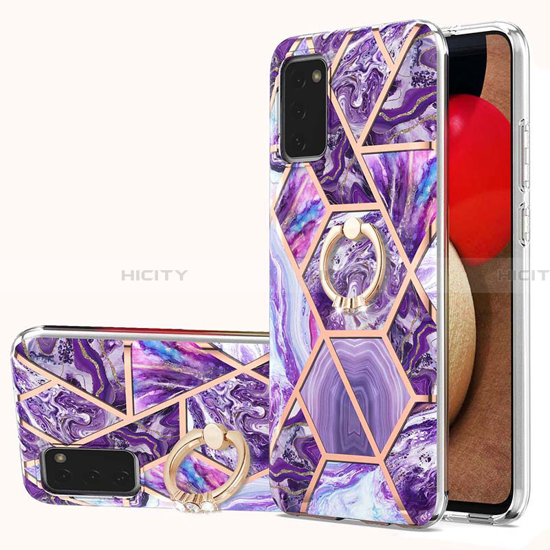 Coque Silicone Motif Fantaisie Souple Couleur Unie Etui Housse avec Support Bague Anneau Y01B pour Samsung Galaxy F02S SM-E025F Violet Plus