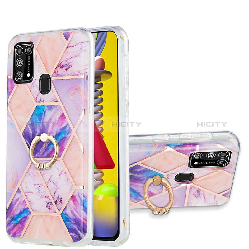 Coque Silicone Motif Fantaisie Souple Couleur Unie Etui Housse avec Support Bague Anneau Y01B pour Samsung Galaxy M21s Violet Clair Plus