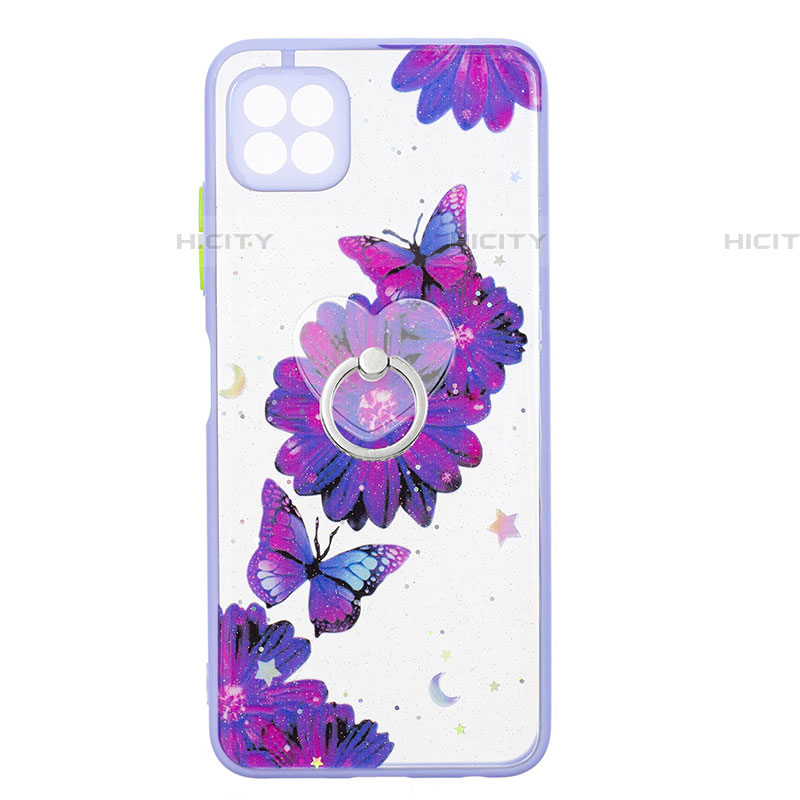 Coque Silicone Motif Fantaisie Souple Couleur Unie Etui Housse avec Support Bague Anneau Y01X pour Samsung Galaxy F42 5G Violet Plus