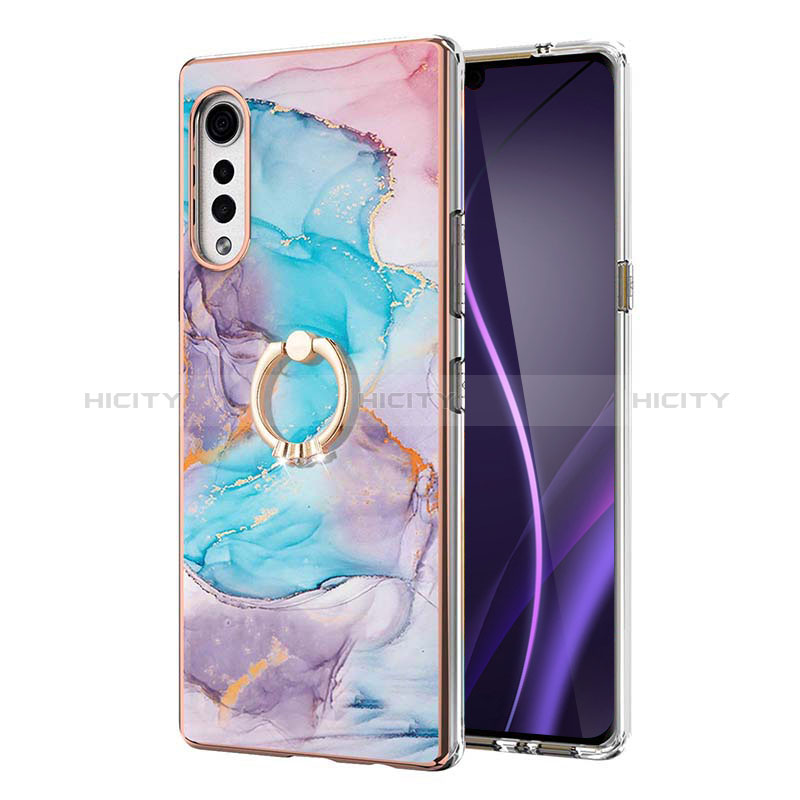 Coque Silicone Motif Fantaisie Souple Couleur Unie Etui Housse avec Support Bague Anneau Y02B pour LG Velvet 5G Bleu Plus