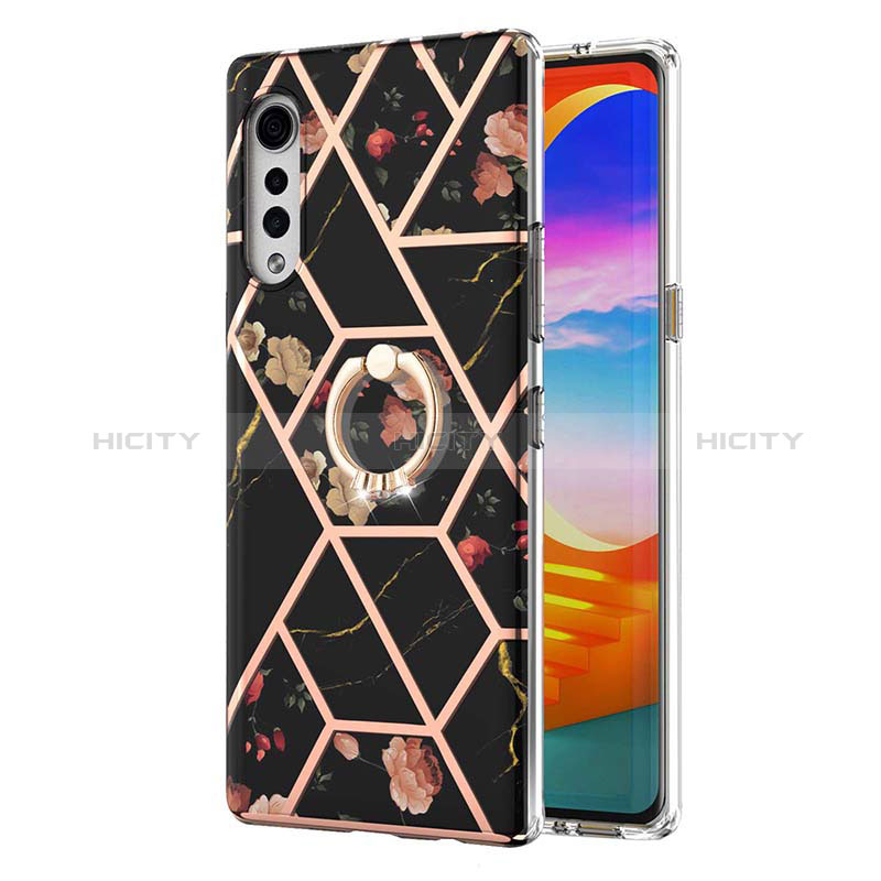 Coque Silicone Motif Fantaisie Souple Couleur Unie Etui Housse avec Support Bague Anneau Y02B pour LG Velvet 5G Noir Plus