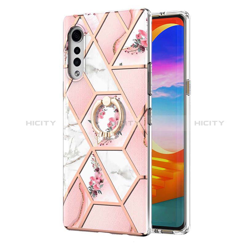 Coque Silicone Motif Fantaisie Souple Couleur Unie Etui Housse avec Support Bague Anneau Y02B pour LG Velvet 5G Rose Plus