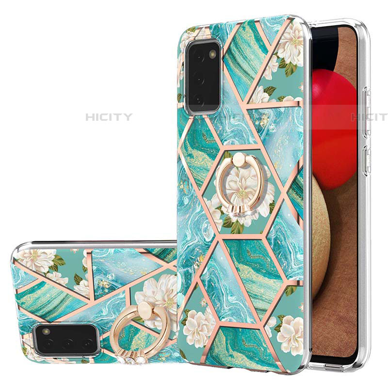 Coque Silicone Motif Fantaisie Souple Couleur Unie Etui Housse avec Support Bague Anneau Y02B pour Samsung Galaxy A03s Vert Plus