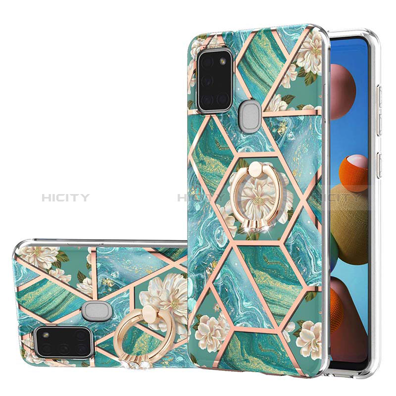 Coque Silicone Motif Fantaisie Souple Couleur Unie Etui Housse avec Support Bague Anneau Y02B pour Samsung Galaxy A21s Vert Plus