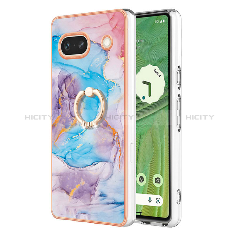 Coque Silicone Motif Fantaisie Souple Couleur Unie Etui Housse avec Support Bague Anneau Y03B pour Google Pixel 7a 5G Bleu Plus