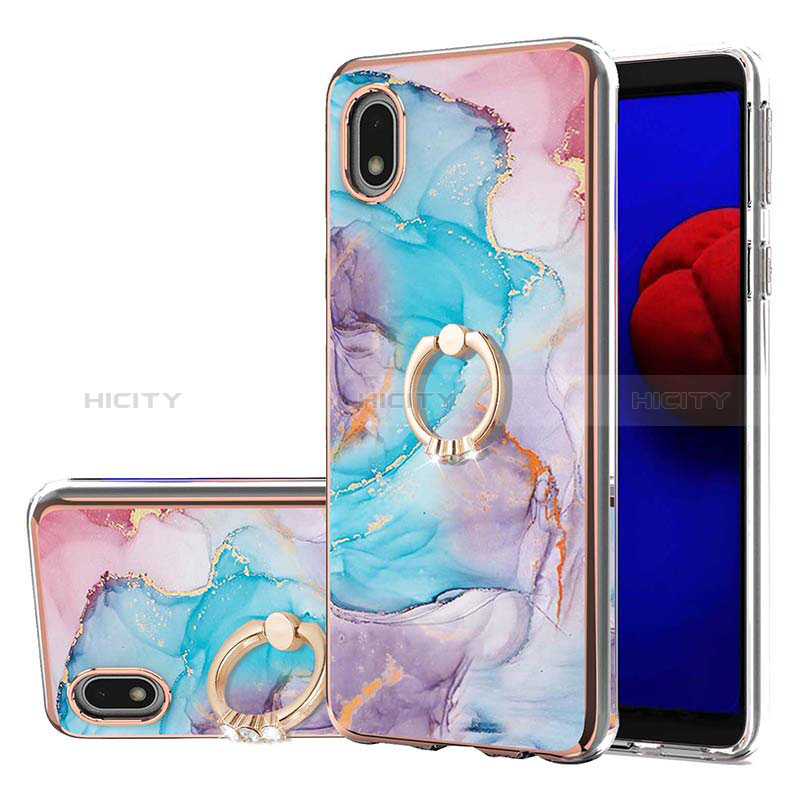 Coque Silicone Motif Fantaisie Souple Couleur Unie Etui Housse avec Support Bague Anneau Y03B pour Samsung Galaxy A01 Core Bleu Plus