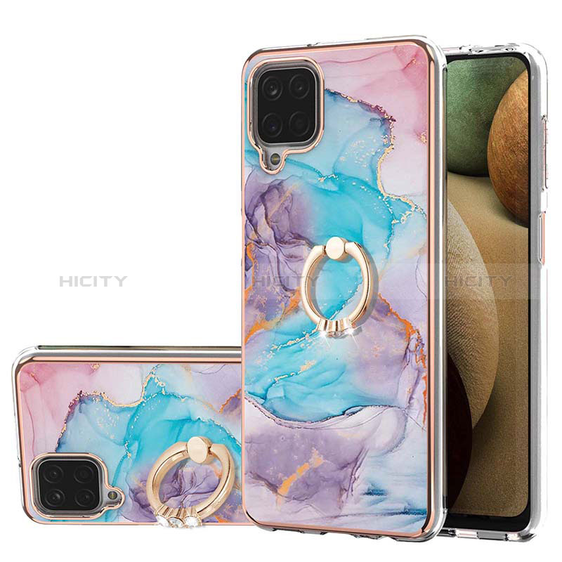 Coque Silicone Motif Fantaisie Souple Couleur Unie Etui Housse avec Support Bague Anneau Y03B pour Samsung Galaxy A12 Nacho Bleu Plus