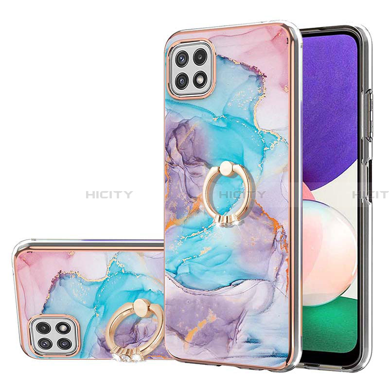 Coque Silicone Motif Fantaisie Souple Couleur Unie Etui Housse avec Support Bague Anneau Y03B pour Samsung Galaxy A22 5G Bleu Plus