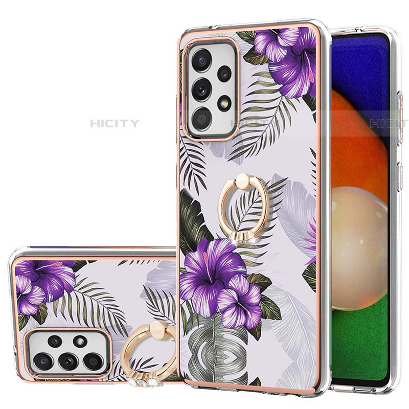 Coque Silicone Motif Fantaisie Souple Couleur Unie Etui Housse avec Support Bague Anneau Y03B pour Samsung Galaxy A52 4G Violet Plus