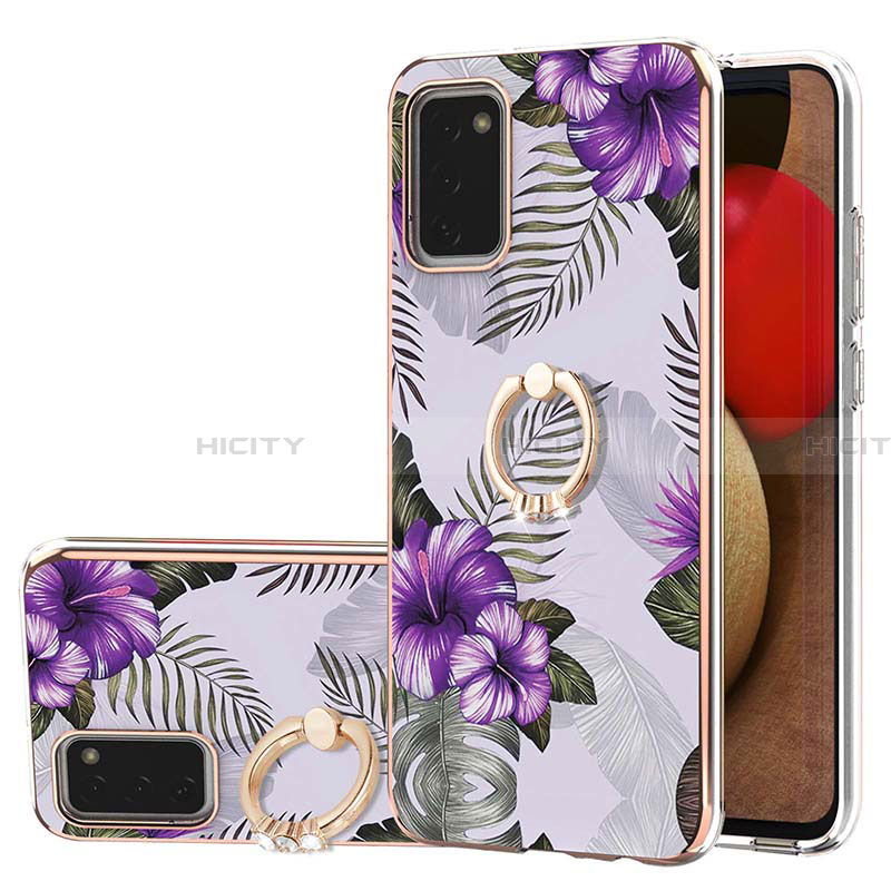 Coque Silicone Motif Fantaisie Souple Couleur Unie Etui Housse avec Support Bague Anneau Y03B pour Samsung Galaxy F02S SM-E025F Violet Plus