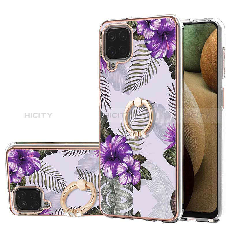 Coque Silicone Motif Fantaisie Souple Couleur Unie Etui Housse avec Support Bague Anneau Y03B pour Samsung Galaxy M12 Violet Plus