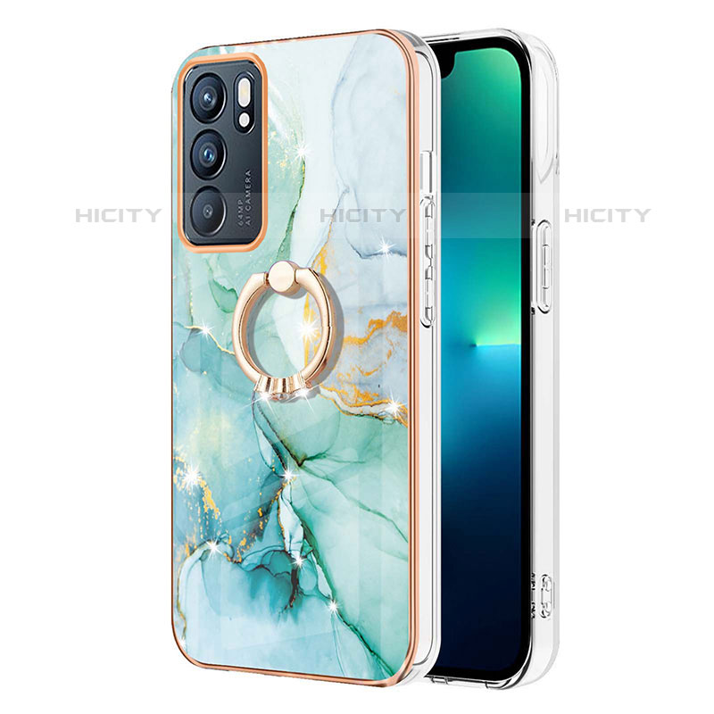 Coque Silicone Motif Fantaisie Souple Couleur Unie Etui Housse avec Support Bague Anneau Y05B pour Oppo Reno6 5G Vert Plus