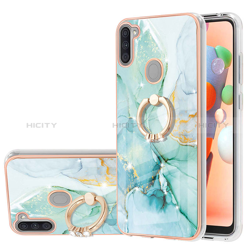 Coque Silicone Motif Fantaisie Souple Couleur Unie Etui Housse avec Support Bague Anneau Y05B pour Samsung Galaxy A11 Vert Plus