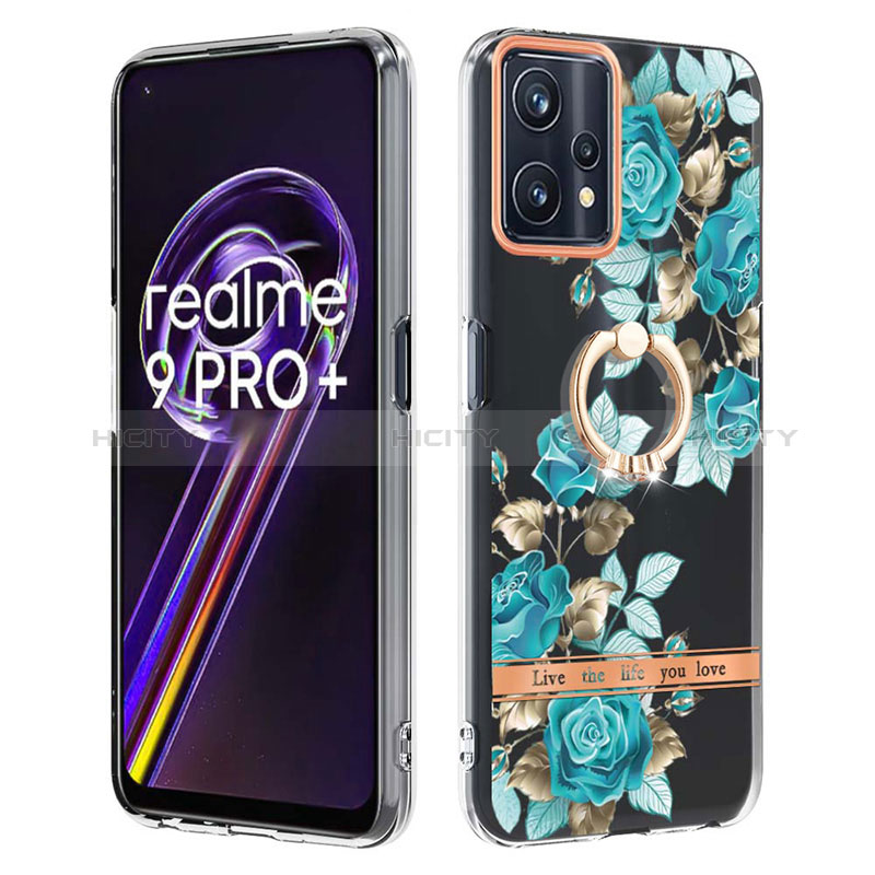 Coque Silicone Motif Fantaisie Souple Couleur Unie Etui Housse avec Support Bague Anneau Y06B pour Realme 9 4G Cyan Plus