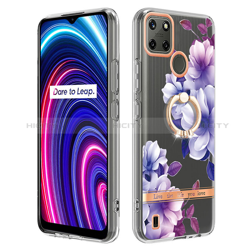 Coque Silicone Motif Fantaisie Souple Couleur Unie Etui Housse avec Support Bague Anneau Y06B pour Realme C21Y Plus