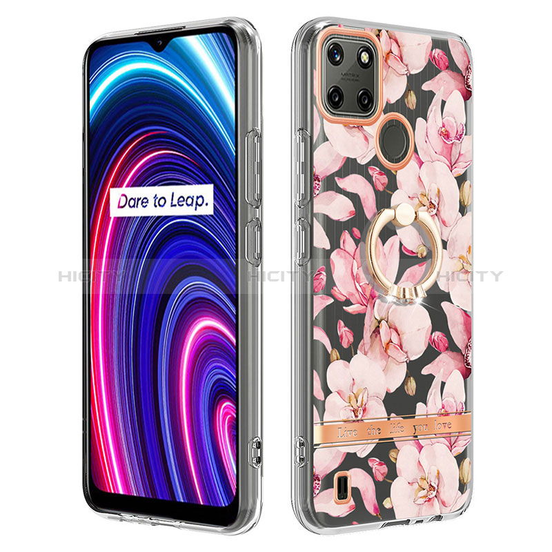 Coque Silicone Motif Fantaisie Souple Couleur Unie Etui Housse avec Support Bague Anneau Y06B pour Realme C21Y Rose Plus