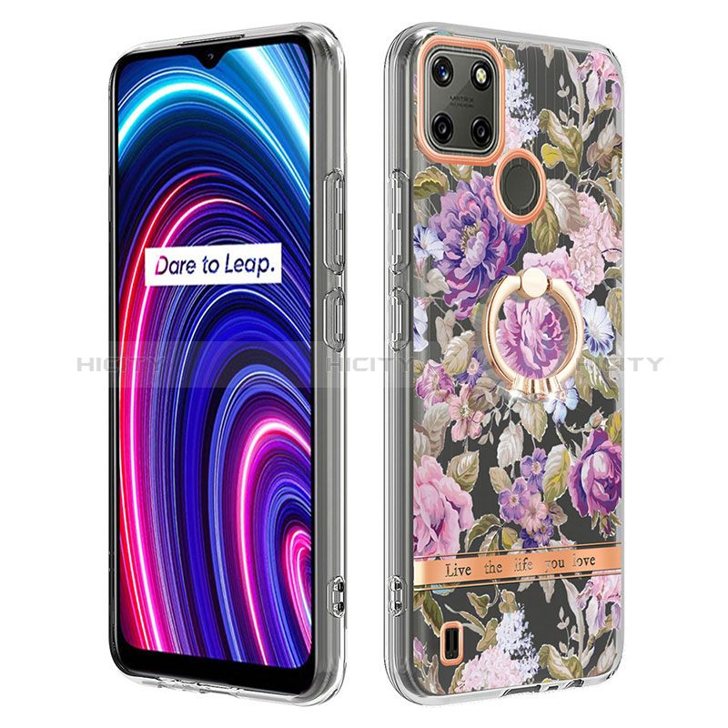 Coque Silicone Motif Fantaisie Souple Couleur Unie Etui Housse avec Support Bague Anneau Y06B pour Realme C25Y Plus