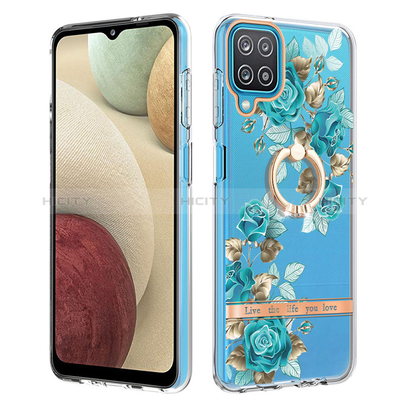 Coque Silicone Motif Fantaisie Souple Couleur Unie Etui Housse avec Support Bague Anneau Y06B pour Samsung Galaxy A12 Cyan Plus