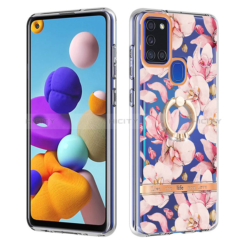 Coque Silicone Motif Fantaisie Souple Couleur Unie Etui Housse avec Support Bague Anneau Y06B pour Samsung Galaxy A21s Rose Plus