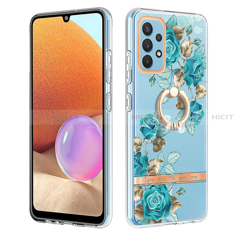 Coque Silicone Motif Fantaisie Souple Couleur Unie Etui Housse avec Support Bague Anneau Y06B pour Samsung Galaxy A32 5G Cyan Plus