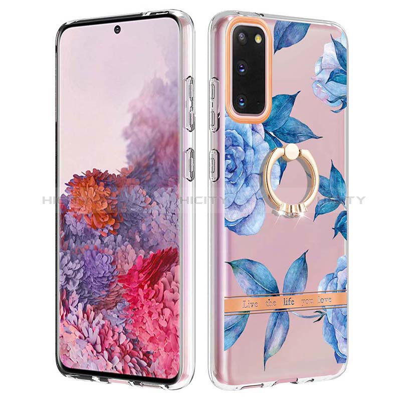 Coque Silicone Motif Fantaisie Souple Couleur Unie Etui Housse avec Support Bague Anneau Y06B pour Samsung Galaxy S20 Bleu Plus