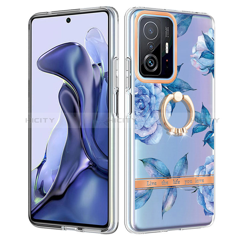 Coque Silicone Motif Fantaisie Souple Couleur Unie Etui Housse avec Support Bague Anneau Y06B pour Xiaomi Mi 11T 5G Bleu Plus