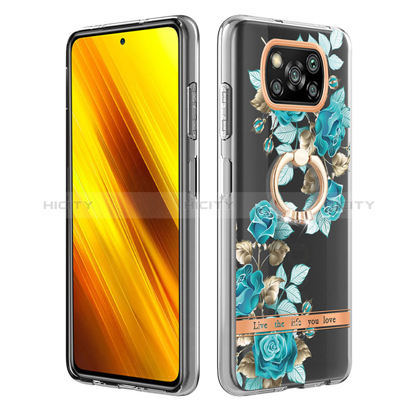 Coque Silicone Motif Fantaisie Souple Couleur Unie Etui Housse avec Support Bague Anneau Y06B pour Xiaomi Poco X3 NFC Cyan Plus