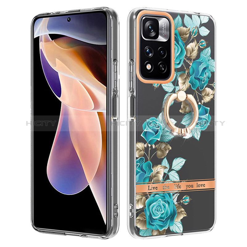 Coque Silicone Motif Fantaisie Souple Couleur Unie Etui Housse avec Support Bague Anneau Y06B pour Xiaomi Poco X4 NFC Cyan Plus