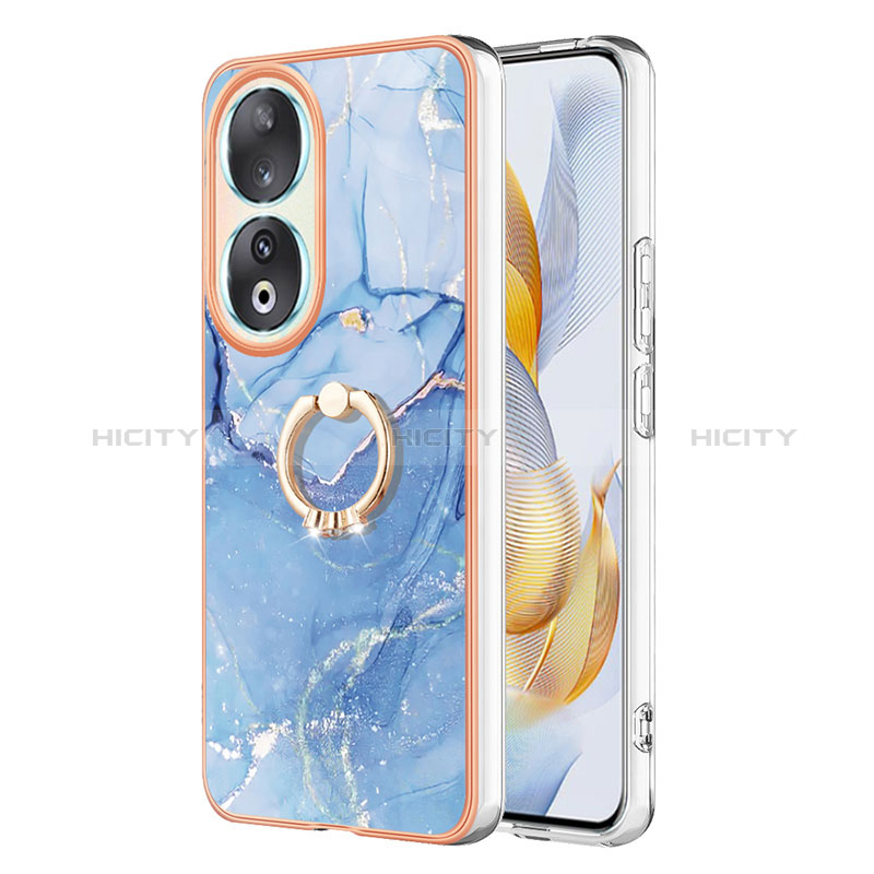 Coque Silicone Motif Fantaisie Souple Couleur Unie Etui Housse avec Support Bague Anneau YB1 pour Huawei Honor 90 5G Bleu Plus