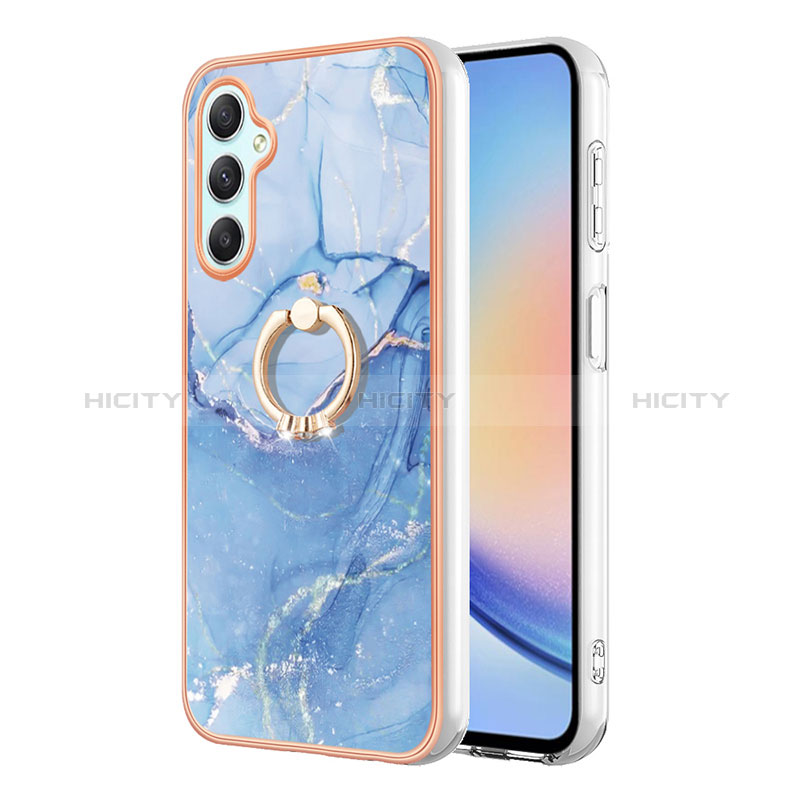 Coque Silicone Motif Fantaisie Souple Couleur Unie Etui Housse avec Support Bague Anneau YB1 pour Samsung Galaxy A24 4G Bleu Plus