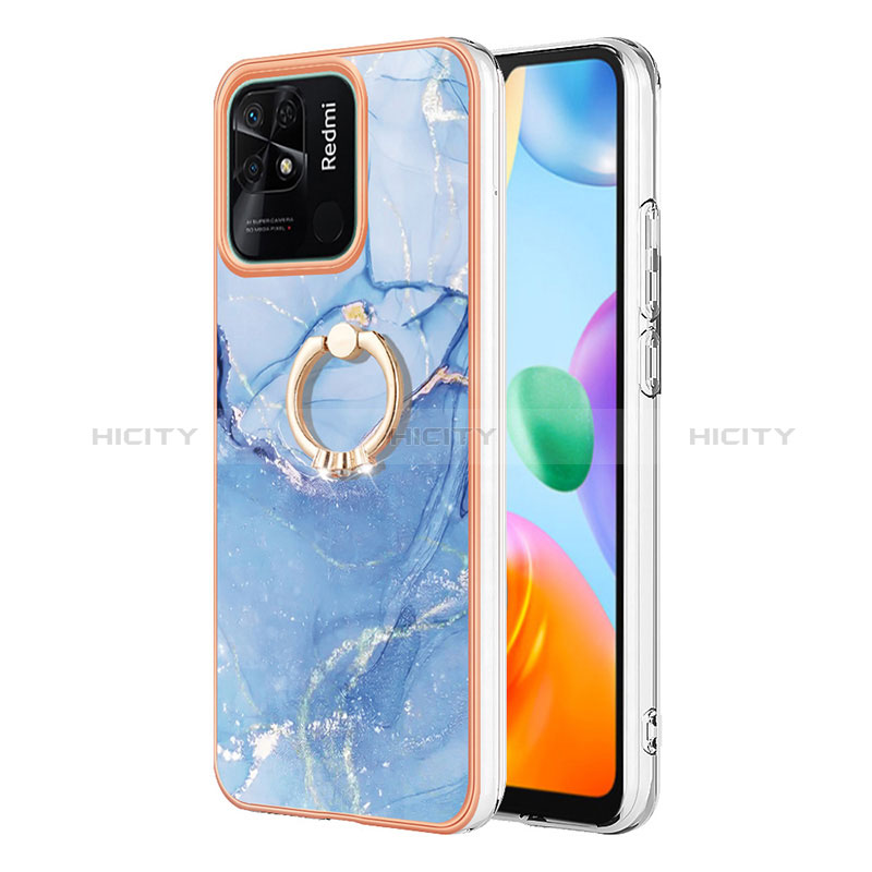 Coque Silicone Motif Fantaisie Souple Couleur Unie Etui Housse avec Support Bague Anneau YB1 pour Xiaomi Redmi 10 India Bleu Plus