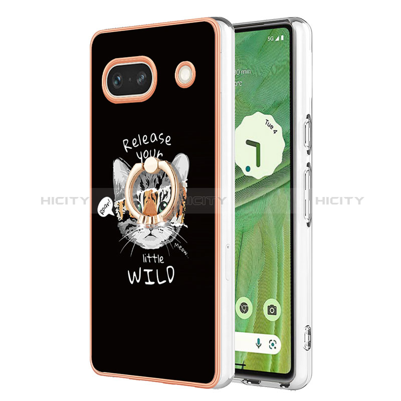 Coque Silicone Motif Fantaisie Souple Couleur Unie Etui Housse avec Support Bague Anneau YB2 pour Google Pixel 7a 5G Noir Plus