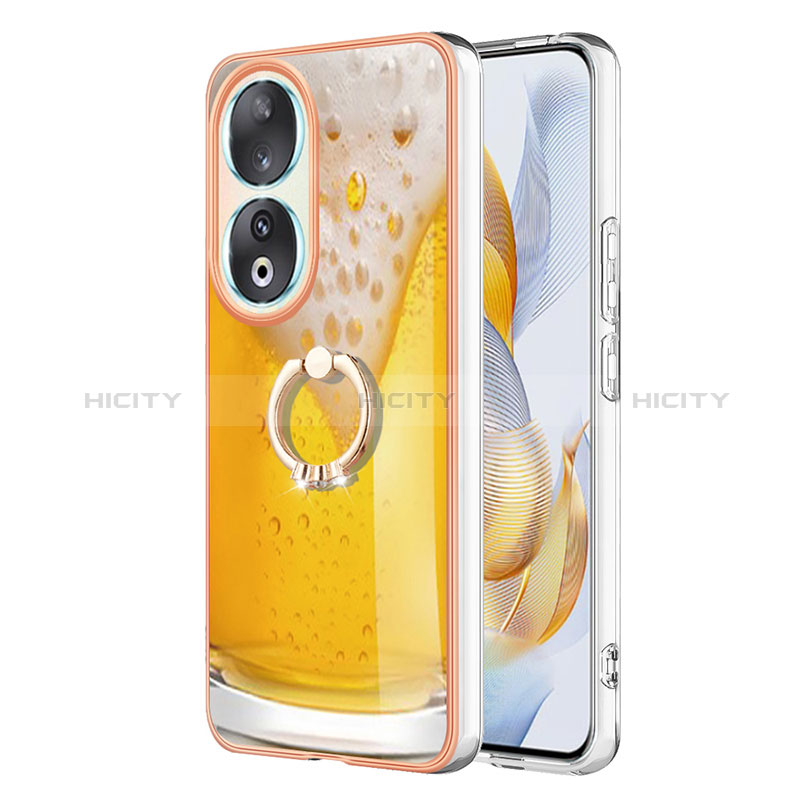 Coque Silicone Motif Fantaisie Souple Couleur Unie Etui Housse avec Support Bague Anneau YB2 pour Huawei Honor 90 5G Jaune Plus