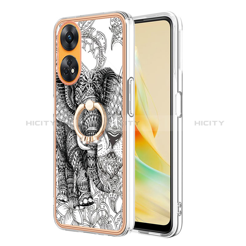 Coque Silicone Motif Fantaisie Souple Couleur Unie Etui Housse avec Support Bague Anneau YB2 pour Oppo Reno8 T 4G Gris Plus