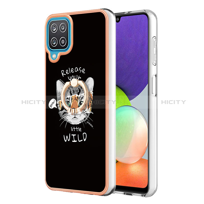 Coque Silicone Motif Fantaisie Souple Couleur Unie Etui Housse avec Support Bague Anneau YB2 pour Samsung Galaxy A12 Nacho Noir Plus