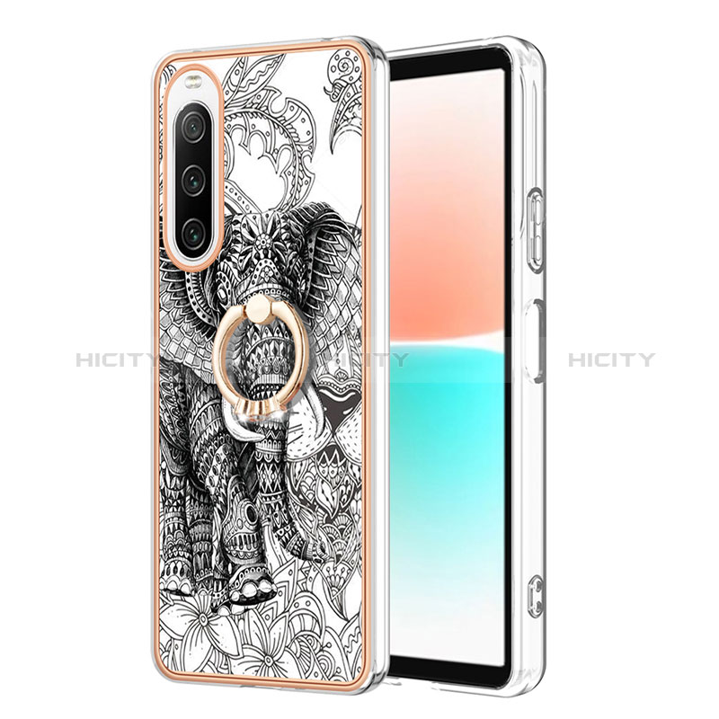 Coque Silicone Motif Fantaisie Souple Couleur Unie Etui Housse avec Support Bague Anneau YB2 pour Sony Xperia 10 IV Gris Plus