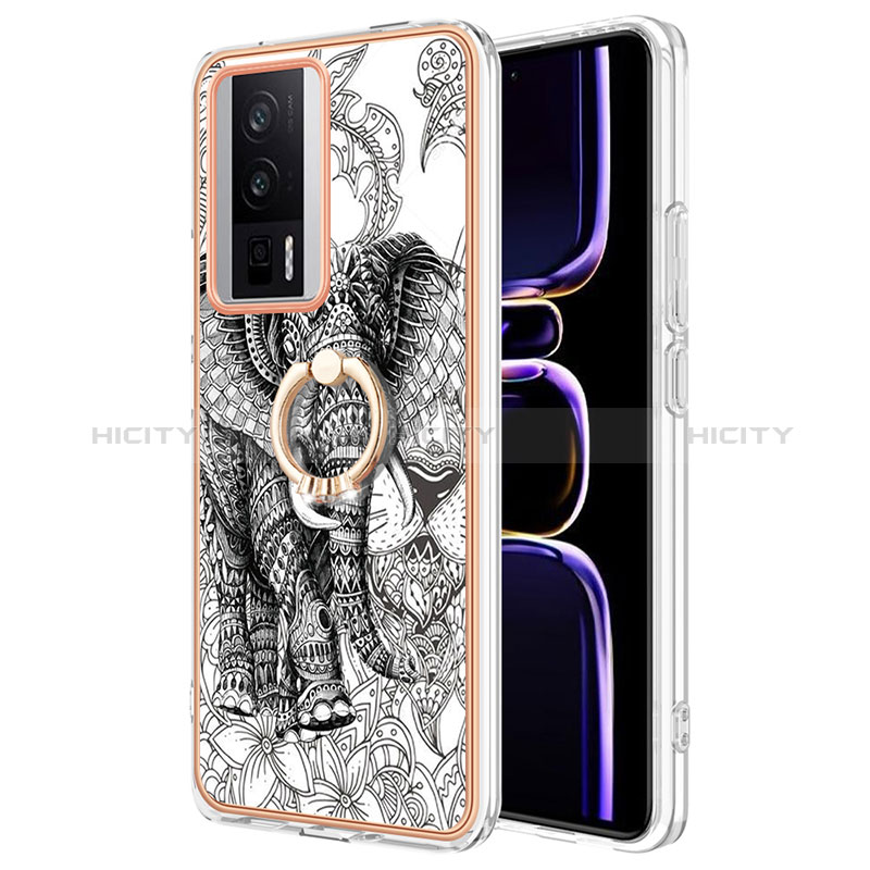 Coque Silicone Motif Fantaisie Souple Couleur Unie Etui Housse avec Support Bague Anneau YB2 pour Xiaomi Poco F5 Pro 5G Gris Plus