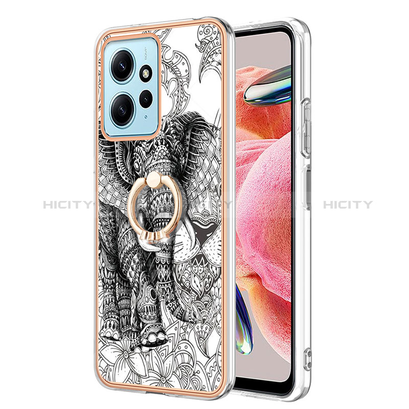 Coque Silicone Motif Fantaisie Souple Couleur Unie Etui Housse avec Support Bague Anneau YB2 pour Xiaomi Redmi Note 12 4G Gris Plus