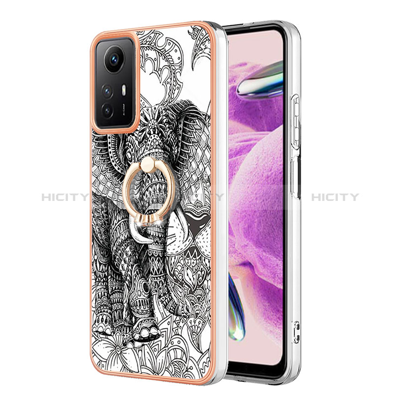 Coque Silicone Motif Fantaisie Souple Couleur Unie Etui Housse avec Support Bague Anneau YB2 pour Xiaomi Redmi Note 12S Gris Plus