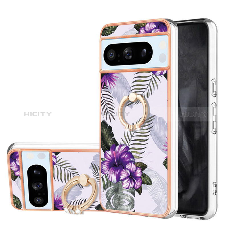 Coque Silicone Motif Fantaisie Souple Couleur Unie Etui Housse avec Support Bague Anneau YB3 pour Google Pixel 8 Pro 5G Violet Plus