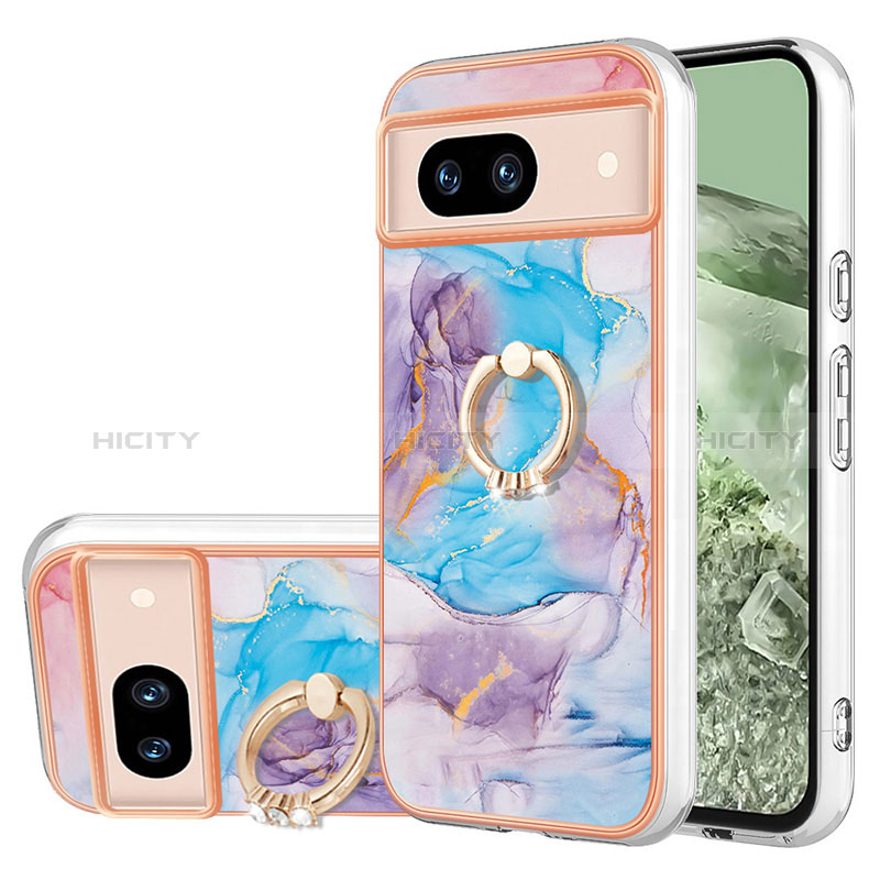 Coque Silicone Motif Fantaisie Souple Couleur Unie Etui Housse avec Support Bague Anneau YB3 pour Google Pixel 8a 5G Bleu Plus