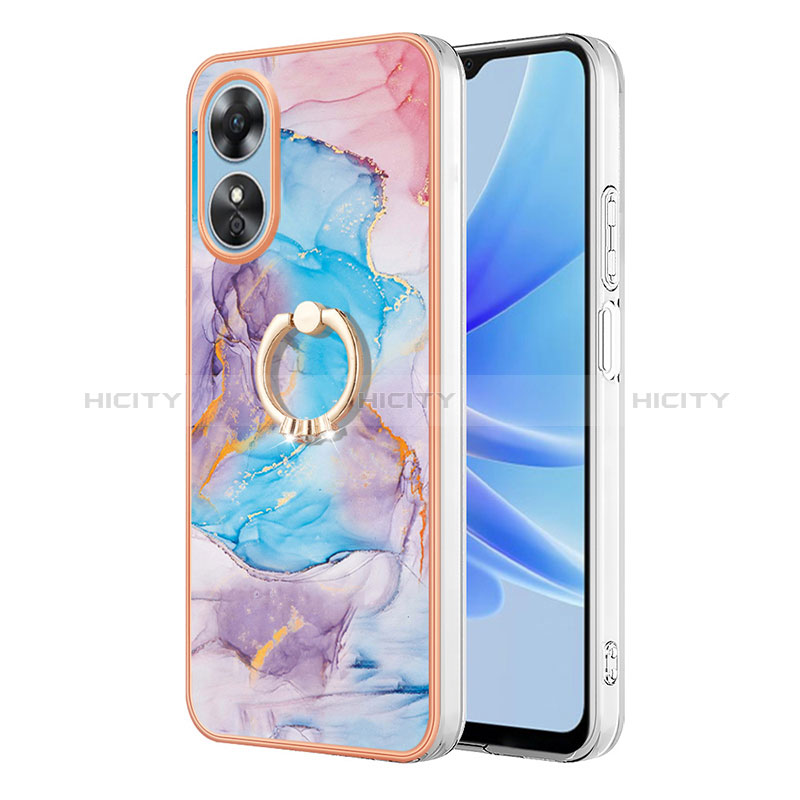 Coque Silicone Motif Fantaisie Souple Couleur Unie Etui Housse avec Support Bague Anneau YB3 pour Oppo A17 Bleu Plus