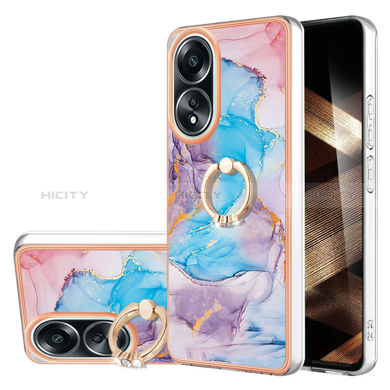 Coque Silicone Motif Fantaisie Souple Couleur Unie Etui Housse avec Support Bague Anneau YB3 pour Oppo A18 Bleu Plus