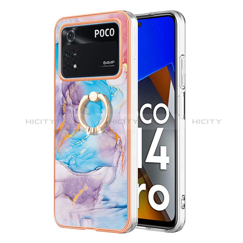 Coque Silicone Motif Fantaisie Souple Couleur Unie Etui Housse avec Support Bague Anneau YB3 pour Xiaomi Poco M4 Pro 4G Bleu Plus